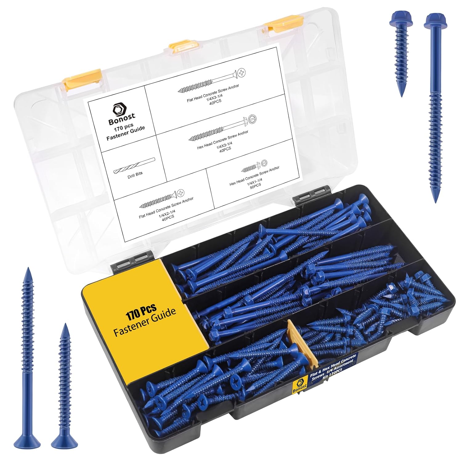 170Pcs 1/4 Concrete Screw Assortment Kit with Drill Bit - 4 Size Flat & Hex Head Masonry Screws Sets for Concrete Brick Block Cement, Diamond Point