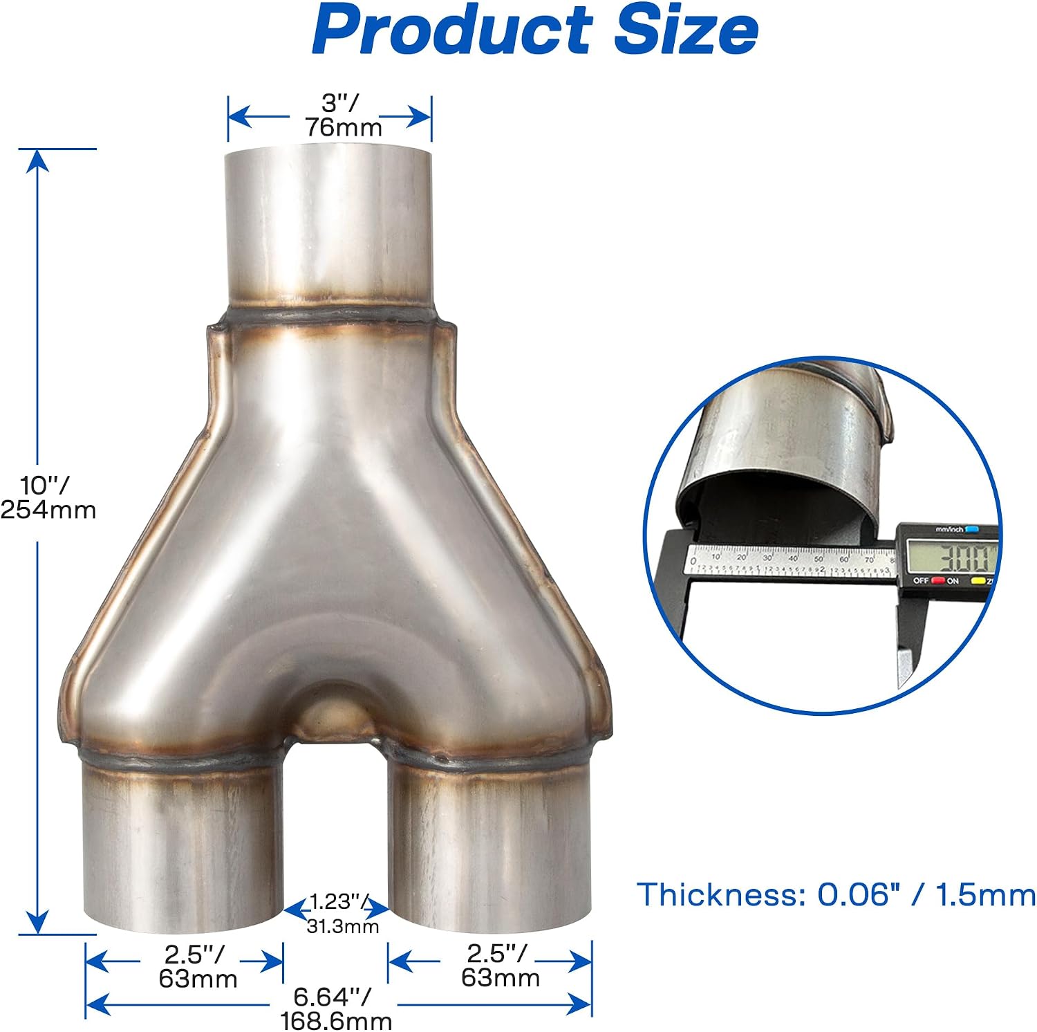 3" Exhaust Y Pipe, Stainless Steel Universal Diesel Y-Pipe, Universal 3" Single to 2.5" Dual Exhaust Connector, 10"/254mm Overall Length Y-Shape Exhaust Pipe