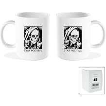 Funny Skull Mug, Stay Positive Skeleton Coffee Mug, 11OZ White | Gothic Home Kitchen Decorations, Gothic Decor, Funny Housewarming Gift, Skull Lover Gift