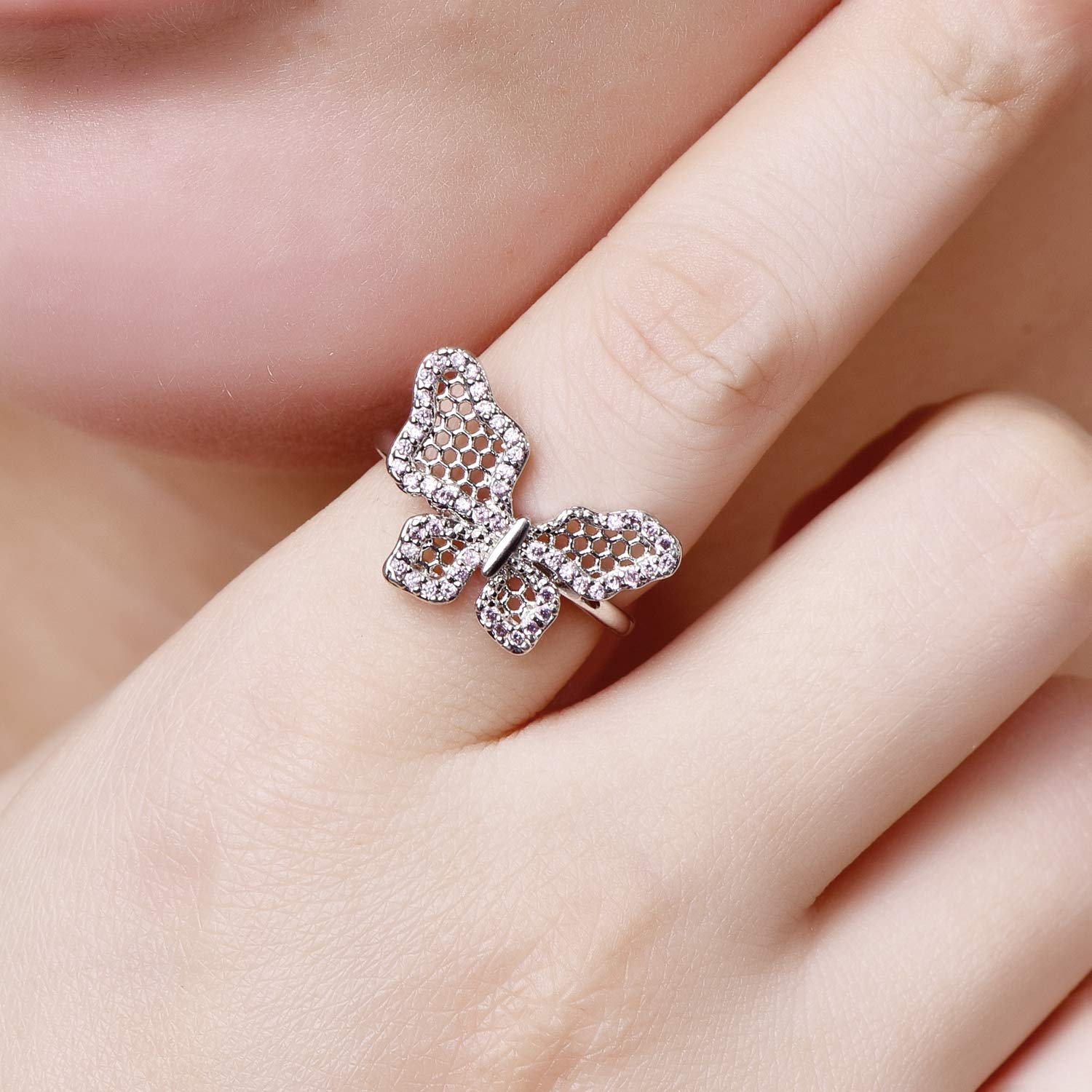 Emsione 925 Sterling Silver Plated Created Pink Topaz CZ Pave Butterfly Lattice Cocktail Party Rings Eternity Bands for Women Size 9