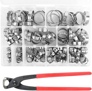 BeiLan 115Pcs 304 Stainless Steel Single Ear Hose Clamps,6-28.6mm Stepless Hose Clamps with Ear Clamp Pincer,Cinch Rings Crimp Hose Clamps Assortment Kit for Water Pipe, Plumbing and Automotive Use