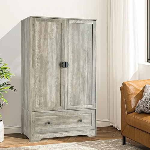 Miniatura 9 de VINGLI Armario Ancho con Barra Colgante, Estantes Ajustables y Cajón, Armario Independiente con Puertas, Armarios y Roperos para Dormitorio, Gris