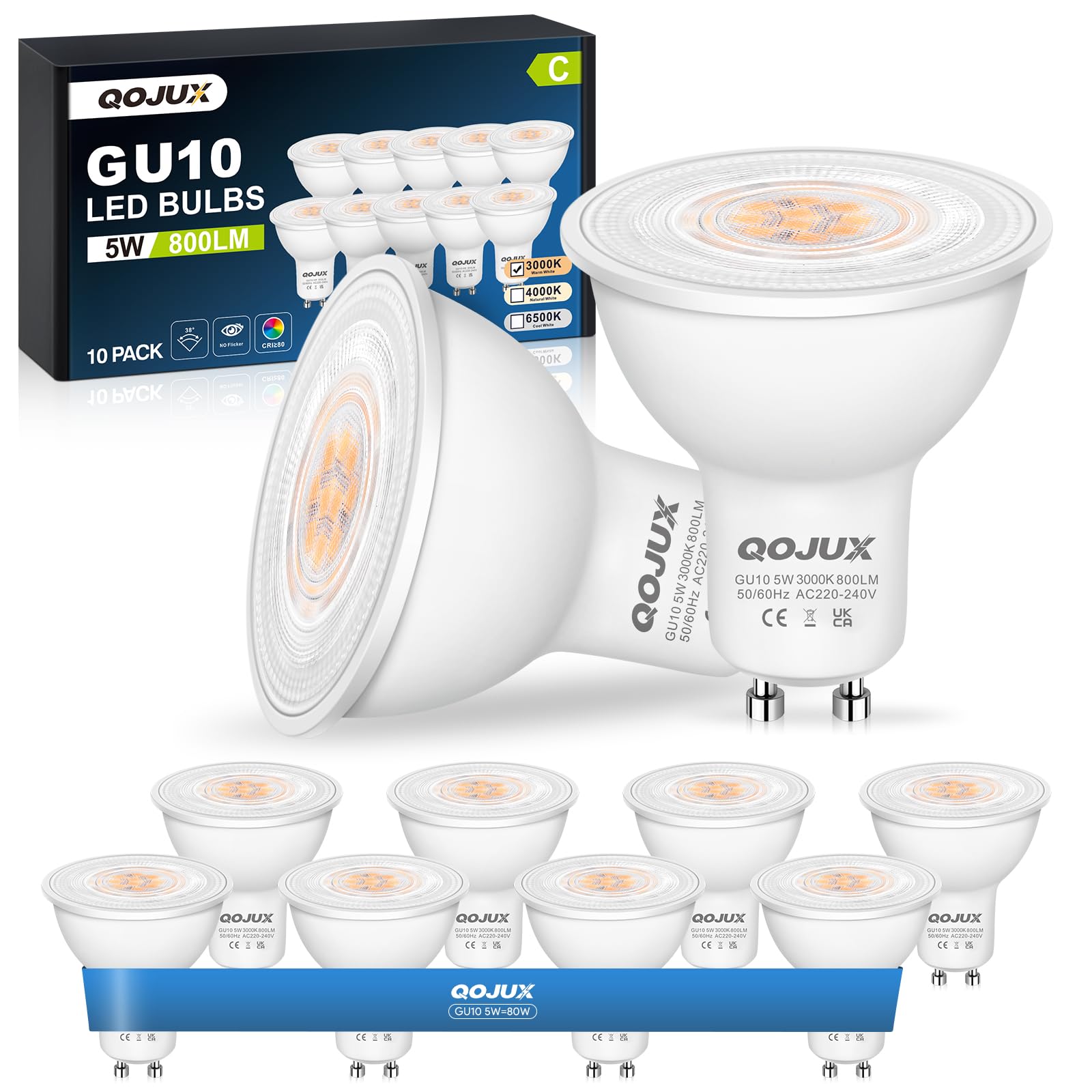 QOJUX GU10 LED Lampe 5W, 800LM Energieeffizienzklasse C LED Glühbirne, 80W Halogen Leuchtmittel Ersetzt, 38° Abstrahlwinkel GU10 Energiesparlampe, Nicht Dimmbar