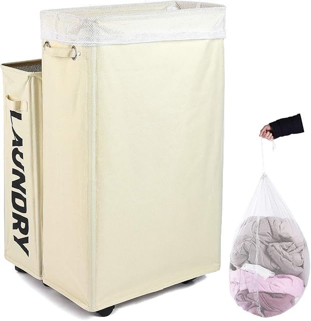 Amazon Brand  Eono Laundry Basket, 70CM Large Laundry Basket Tall and Slim, Laundry Basket with Lid Mesh, Easy Transport Laundry Basket on Wheels Flexible Working, Collapsible Laundry Basket (White)