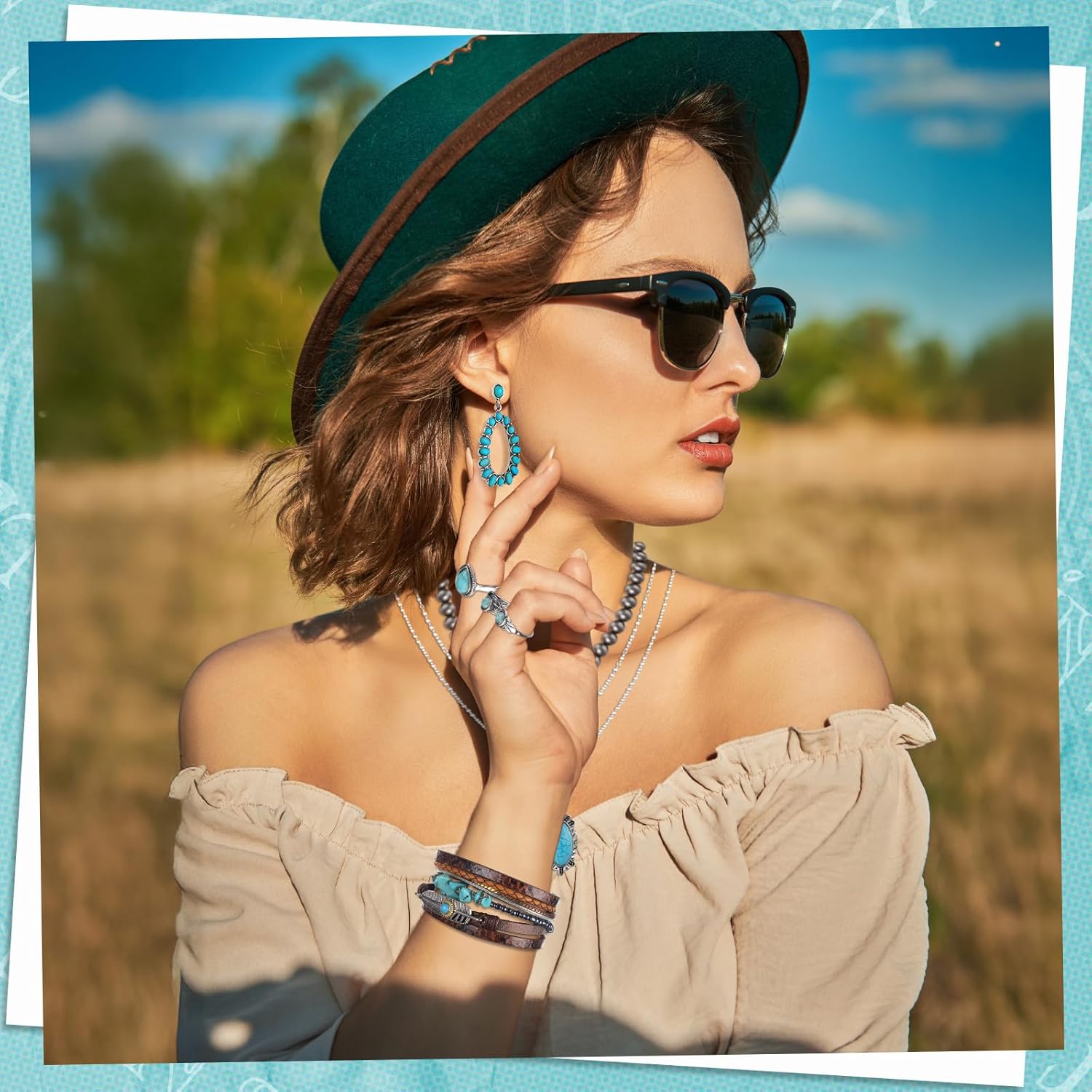 Yaomiao Western Jewelry for Women Bohemian Turquoise Jewelry Set Pendant Necklace Earrings Pearl Necklace Beaded Choker Faux Leather Cuff Bracelet Knuckle Rings - Image 2