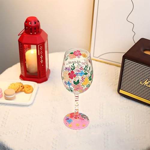 Miniatura 4 de NymphFable Copas de vino pintadas a mano con flores silvestres, regalo de cumpleaños para mujeres, con caja de regalo personalizada, 15 onzas