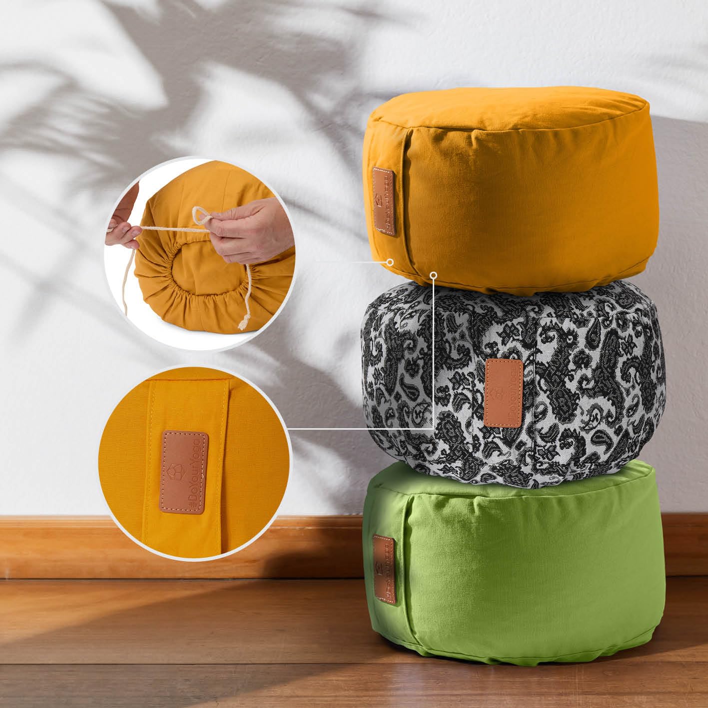 Cuscino da yoga »Vishnu« chiusura a cordoncino & pula di farro bio/alt. 15cm e 30cm diametro - ideale come cuscino yoga/cuscino zafu/cuscino meditazione/supporto meditazione.100% cotone-giallo curry