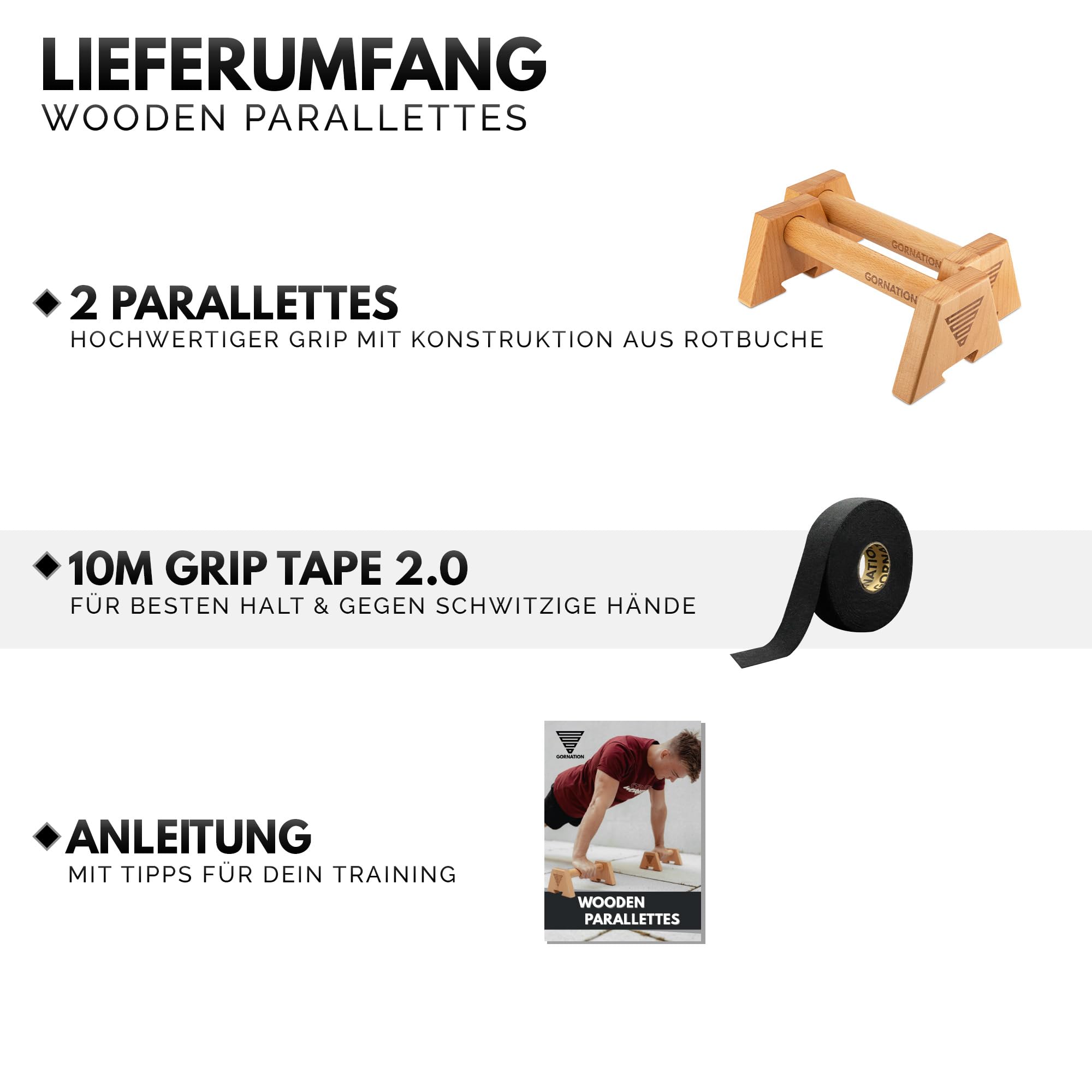 GORNATION Wooden Parallettes für Liegestütze, Liegestützgriffe aus Holz, Calisthenics & Fitness Training, Push Up Bars, Calisthenics Liegestützgriffe für Oberkörpertraining, Inkl. Grip Tape