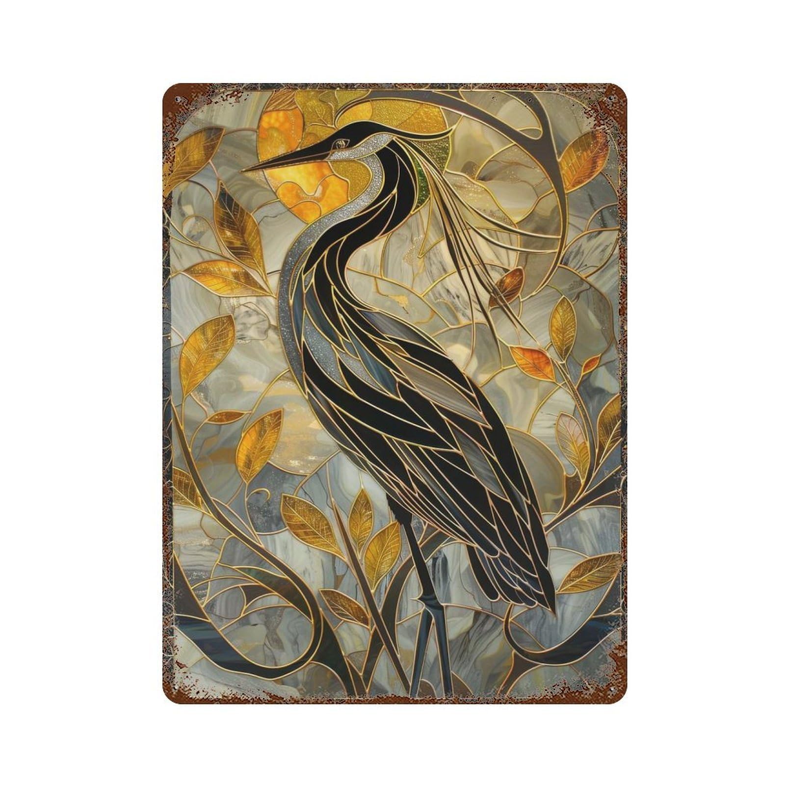 Kintsugi Heron Stained Glass Retro Metal Sign 15.7"x11.8", Vintage Wall Decor for Garage, Pub Or Kitchen