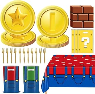 101PCS Mario Bros Theme Birthday Party Tableware Set for 20 Guests | Includes Plates, Napkins, Plastic Forks, Tablecloth and gift bags Suitable for festive parties and get-togethers
