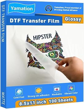 DTF Transfer Film Glossy 8.5" x 11"inch 100 Sheets PET Paper Glossy Clear Cold Peel Direct to Film Transfer Film for Tshirt
