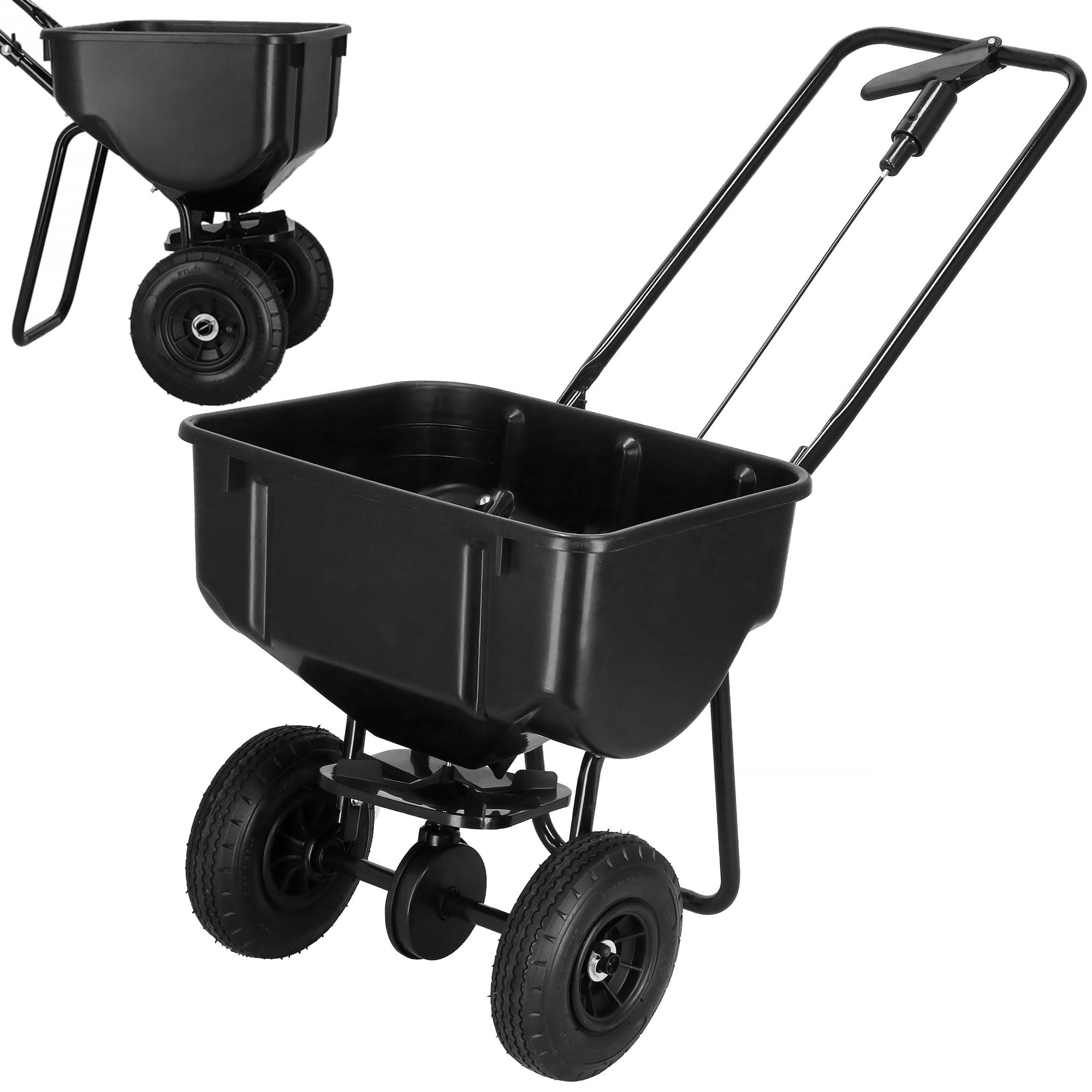 Epandeur 25 kg capacité Noir avec 2 Roues pneumatiques Ø 21 cm Acier-Plastique bac 48x37x25 cm pour graines Engrais sel de déneigement pelouse allées Jardin