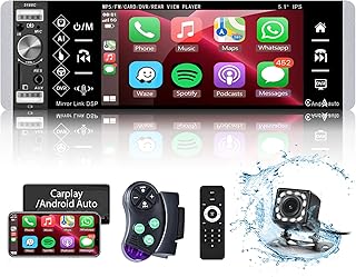 Single Din Car Stereo Support Carplay Android Auto 5.1'' IPS Touchscreen Car MP5 Radio Video Player Bluetooth Audio AUX/USB FM Radio Voice Assistant Player Steering Wheel Control Car Radio