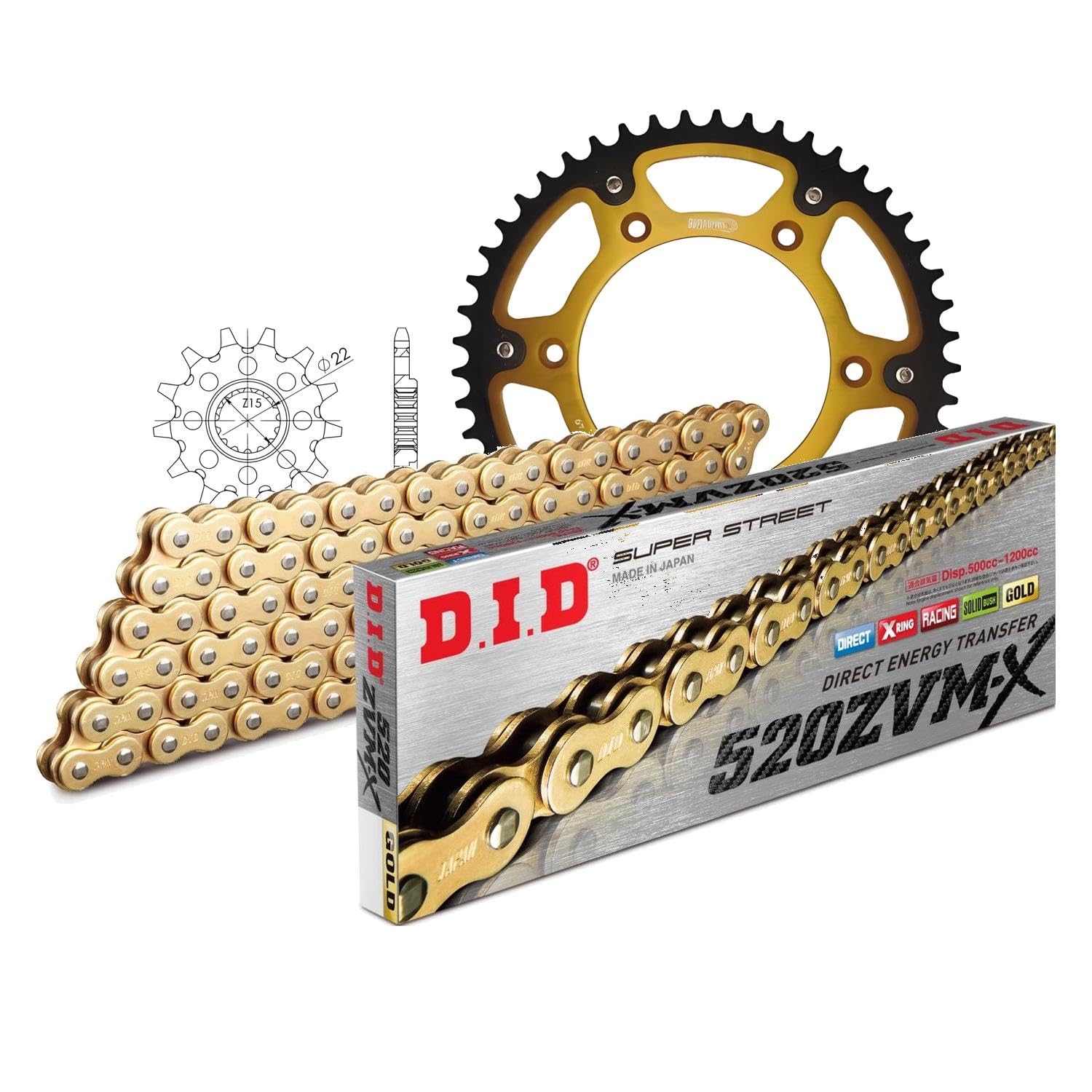 Jeu de chaînes DID Stealth 520ZVM-X/118 - Avec rivets dorés, pour KTM Duke SX EXC RACING SX-F Racing LC4 EGS Super Competition RC EXC-F 150-520 cc
