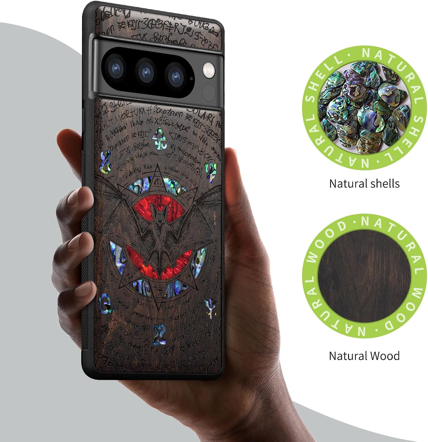 Carveit Designer Wooden Case for Google Pixel 8 Pro Case Cover [Wood Engraving & Shell Inlay] Compatible with Wireless Chargers Pixel 8 Pro (Bat and Octagonal Star-Blackwood)