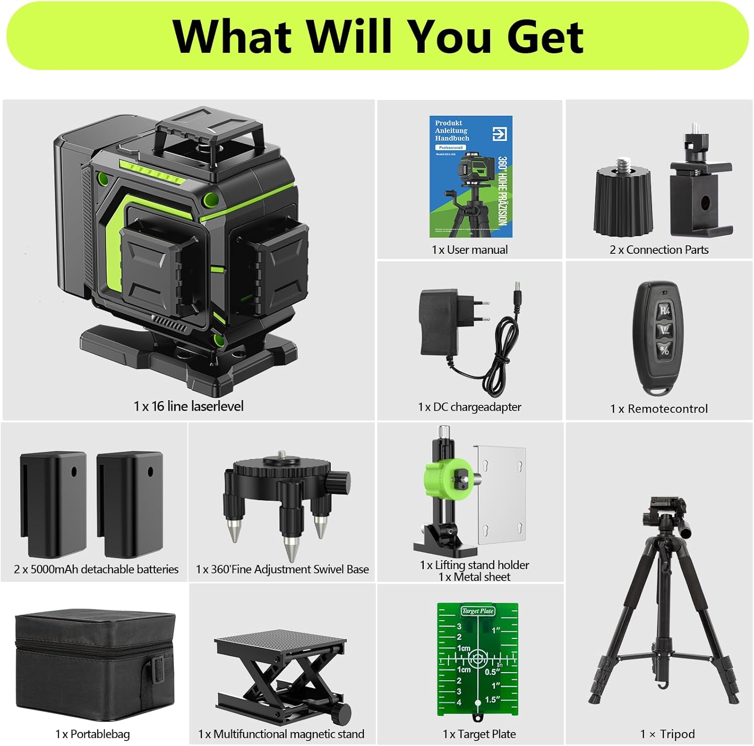 MBYULO OC3-16G Laser Level and all included accessories