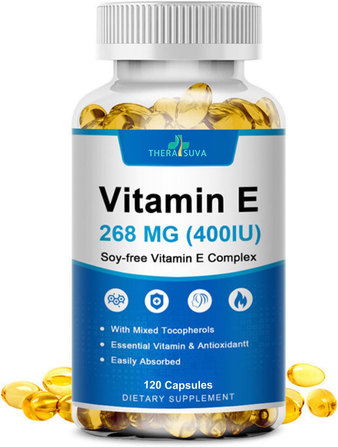 TheraSuva Vitamin E 268 mg (400 IU) w/Mixed Tocopherols Supplement for Antioxidant Support, 120 Softgels, 60 Day Supply