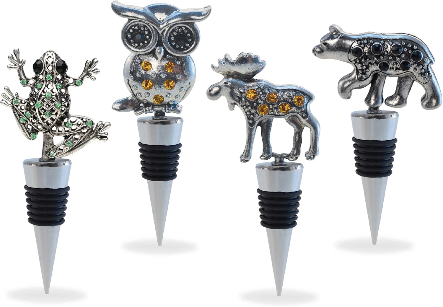 Cheers Black Bear, Moose, Owl, Frog Metal Wine Stopper Set of 4 – Elegant Vacuum Seal Reusable Animal Wine Bottle Stoppers, Airtight Leak Proof Bottle Topper Cork Plug, Home Decor Bar Tool Accessory