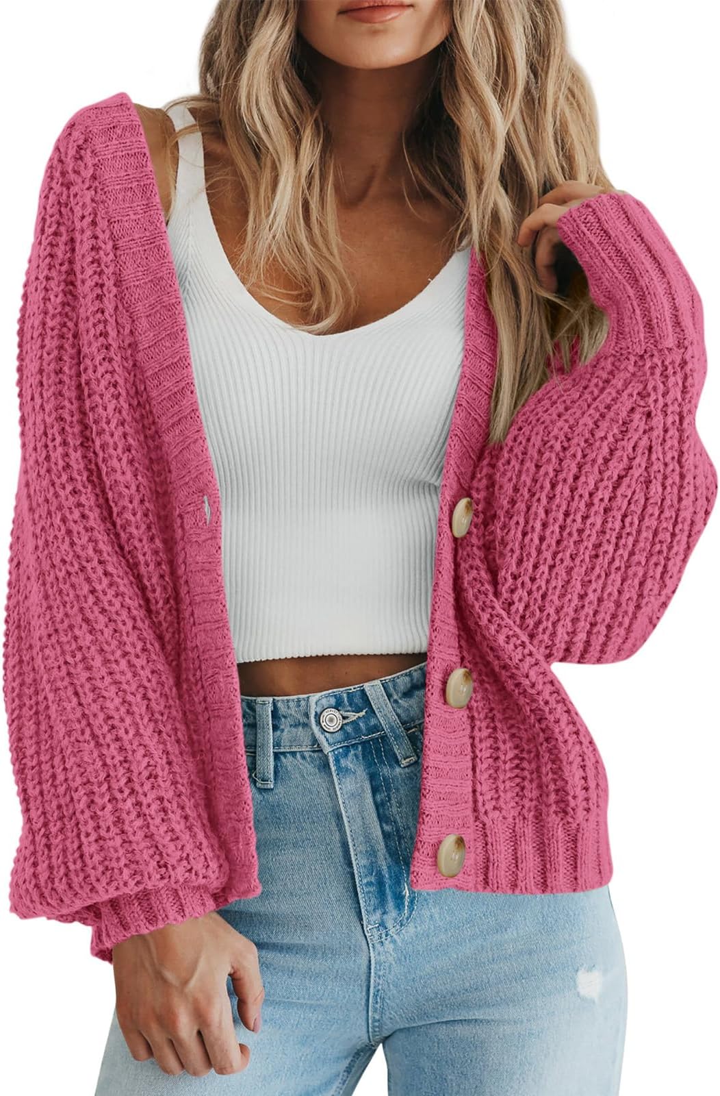 Women's Chunky Knit Open Front Sweater Long Sleeve Button Loose Short Cardigan Outerwear Coats