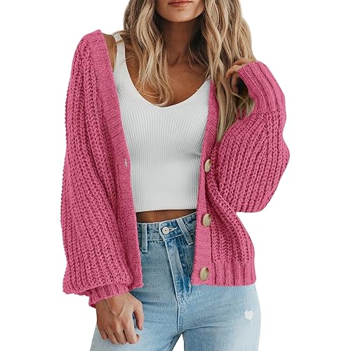 PRETTYGARDEN Women's Chunky Knit Open Front Sweater Long Sleeve Button Loose Short Cardigan Outerwear Coats