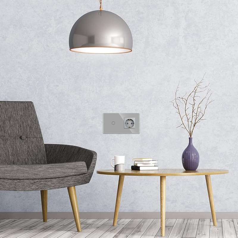 JIMEIDA szürke üveg érintéses fali kapcsoló Schuko aljzattal, LED jelzőfénnyel - 1-Fach, Touch Lichtschalter& Steckdose, gray