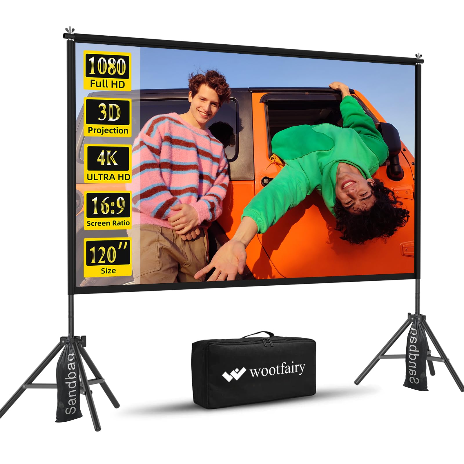 wootfairy Projektor-Leinwand mit Ständer, 120 Zoll, tragbar und faltbar, für Innen- und Außenbereich, 16:9, 4K-HD, Rückseite vorne, faltenfrei, Filmleinwand mit Tragetasche für Heimkino, Hinterhofkino