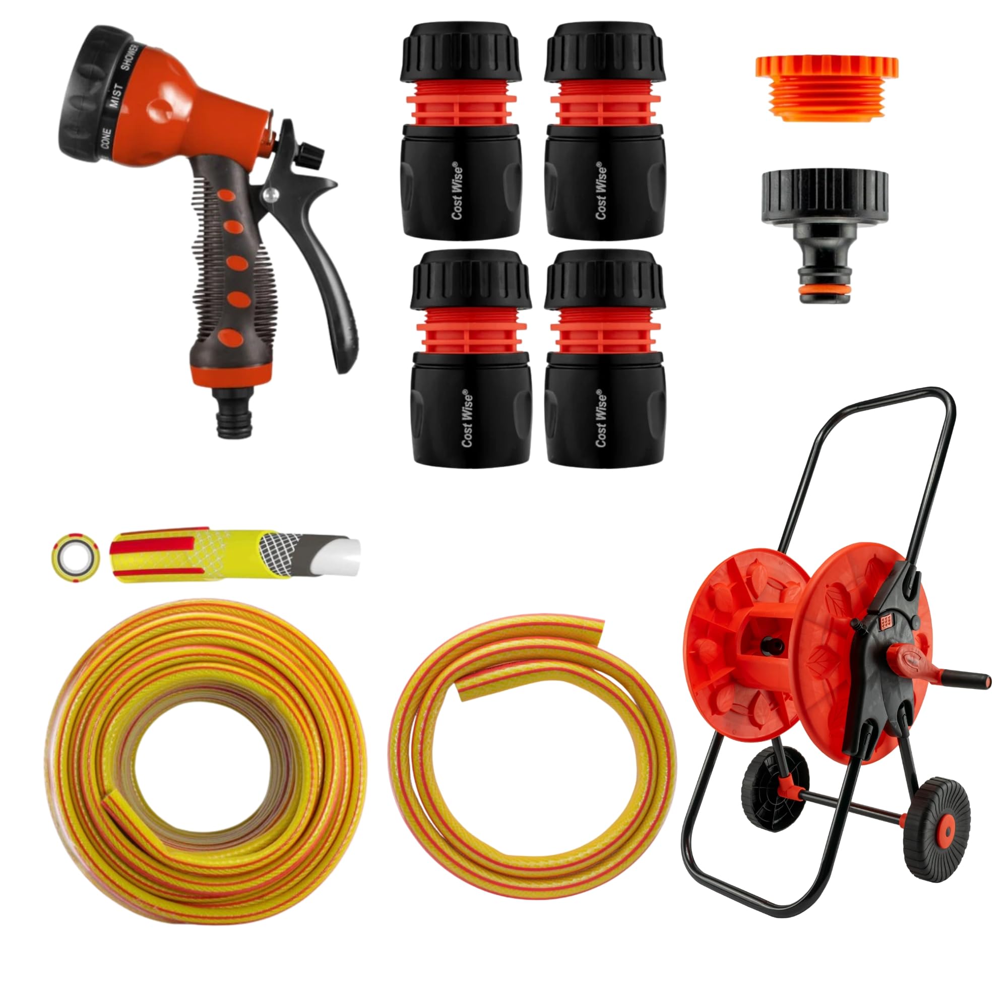 Garden Hose Reel Cart Set with 10m Premium Hose, 8-Pattern Spray Gun, Tap and Hose Connectors - Reel 1 KIT (15 Meter Hose)