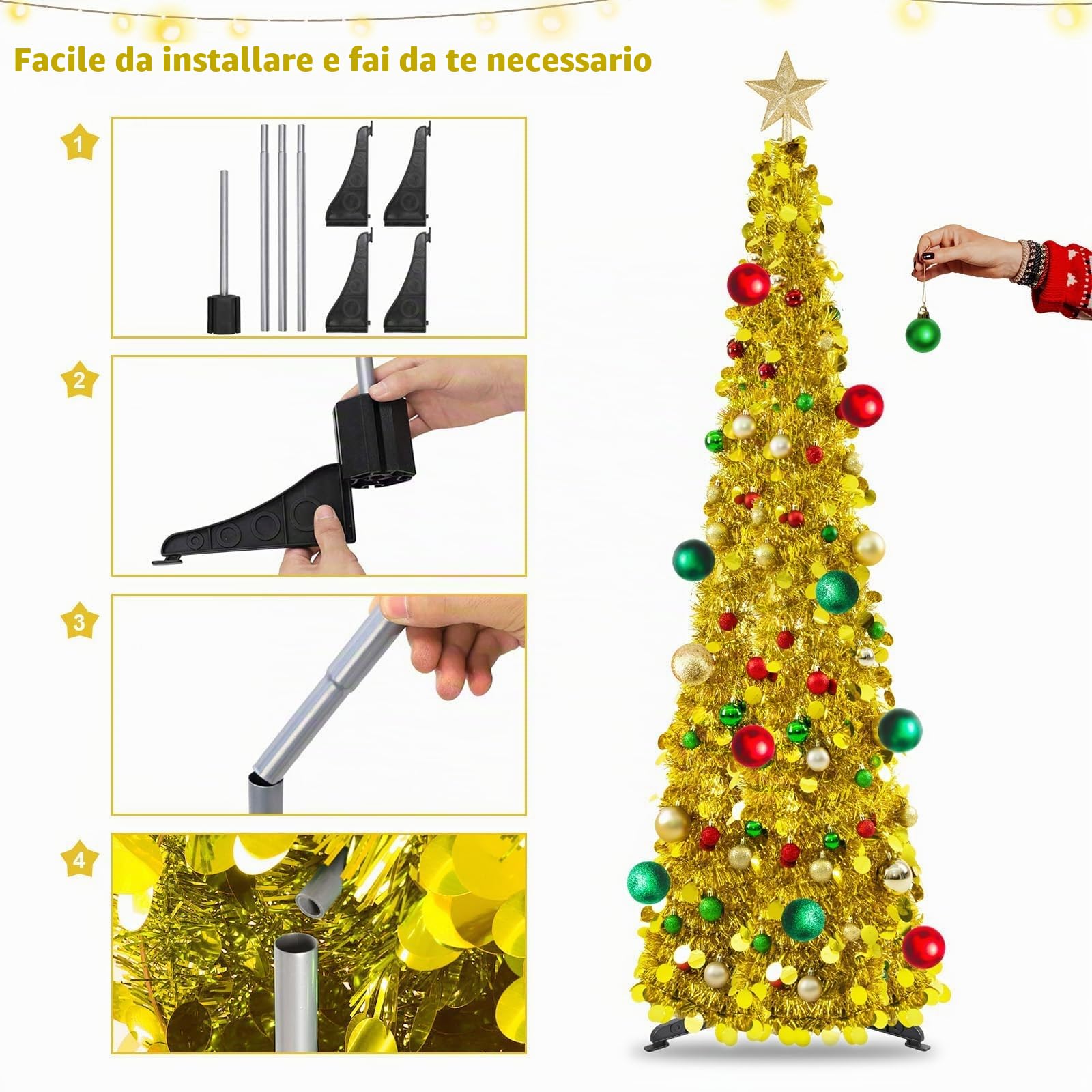 MACTING - Albero di Natale pieghevole, 1,5 m, con supporto per decorazioni natalizie, decorazione casa, ufficio (oro misto)