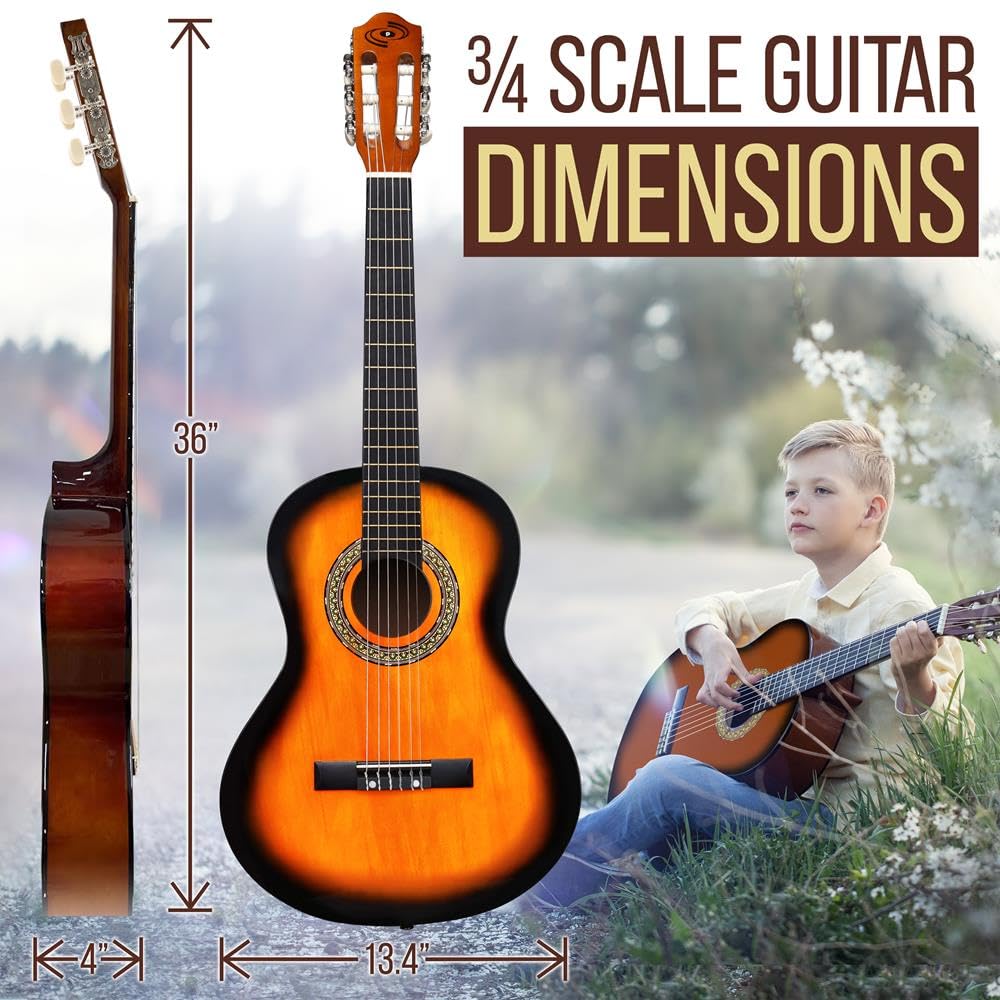 Pyle klasyczna gitara akustyczna 36" dla początkujących – gitara 6-strunowa w rozmiarze 3/4 Junior z drewna lipowego, z pokrowcem, stroikiem, nylonowymi strunami, kostkami i paskiem na ramię