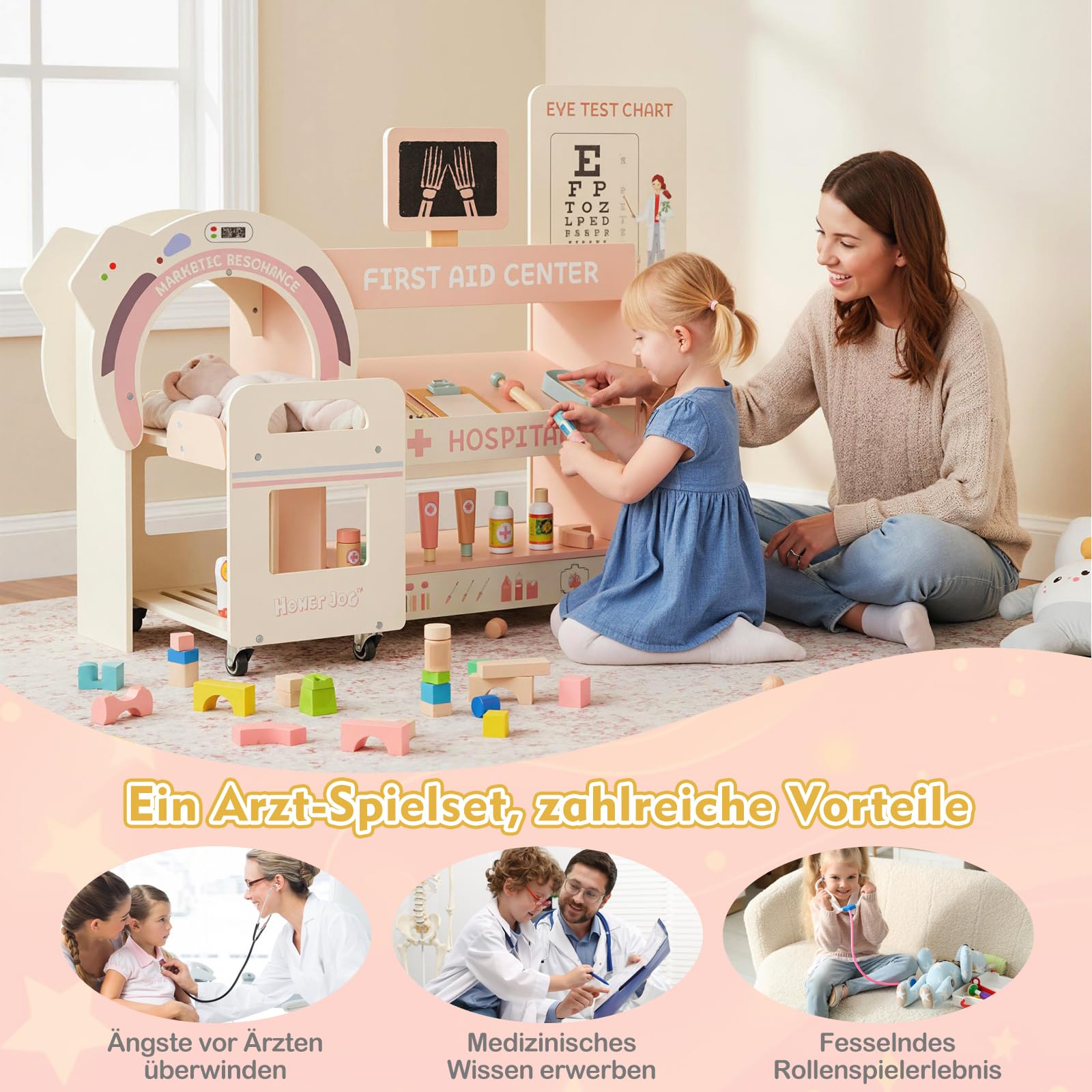 DREAMADE Arztspielset für Kinder, Krankenhaus aus Holz mit Sehtest, CT-Spielgerät & Röntgenapparat, Arzt Rollenspielzeug mit 20 Zubehörteilen für Kinder ab 3 Jahren (Rosa)