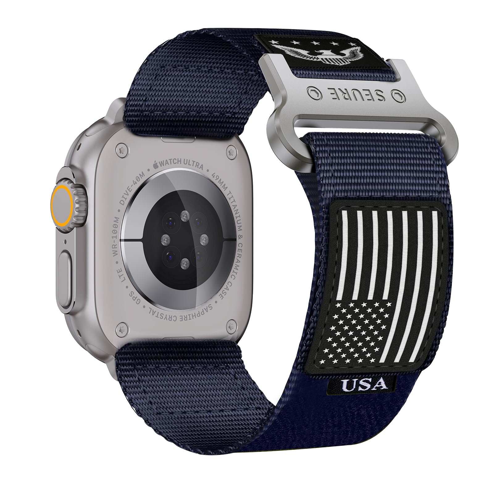 Rugged Nylon Band Compatible with Apple Watch 49mm 46mm 45mm 44mm for Men | Tactical Military Strap, USA Flag & Eagle Patch, Soft Hook & Loop for iWatch Ultra 4/3/2/1, 12/11/10/9/8/7/6/5/4/3/2/1 SE