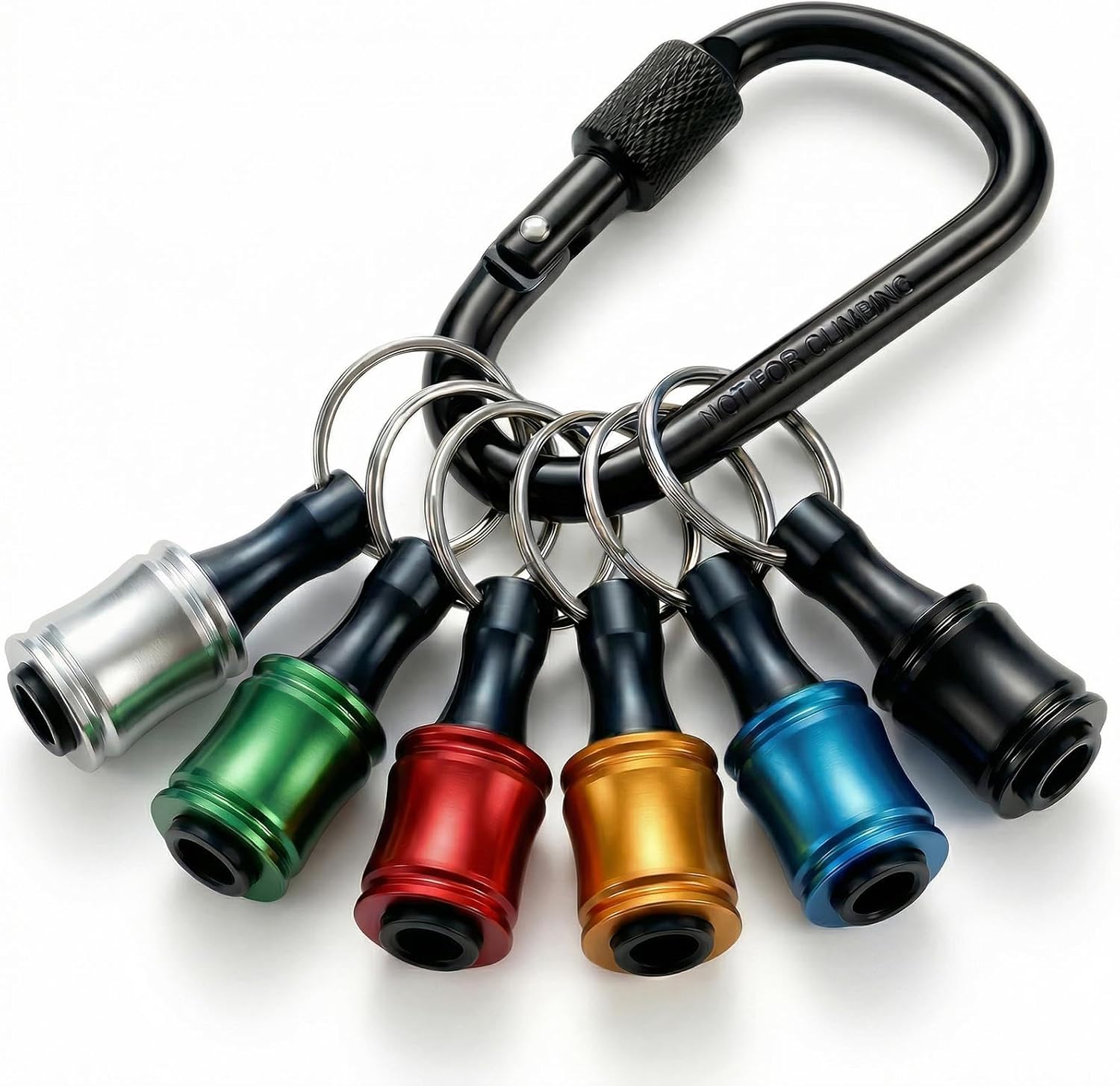 6PCS 1/4 Hex Shank Drill Bit Holders Keychain for Nut & Impact Driver Drill Bits, Push to Unlock Aluminum Alloy Screwdriver Bit Holder Key Chain, Portable Carabiner Bits Holder,Tool Gifts for Men