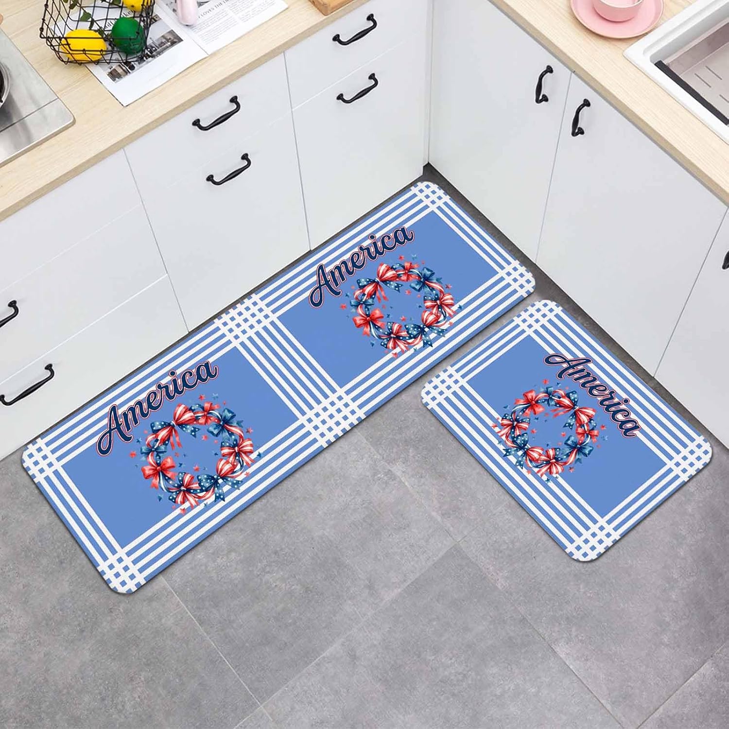 Prime Leader Independence Day Kitchen Mat Set 2 Pieces American Red Striped Bow Wreath Blue Non Slip Kitchen Rugs Washable Runner Rug Mats for Sink Laundry (23.6" x 35.4"+23.6" x 70.9")