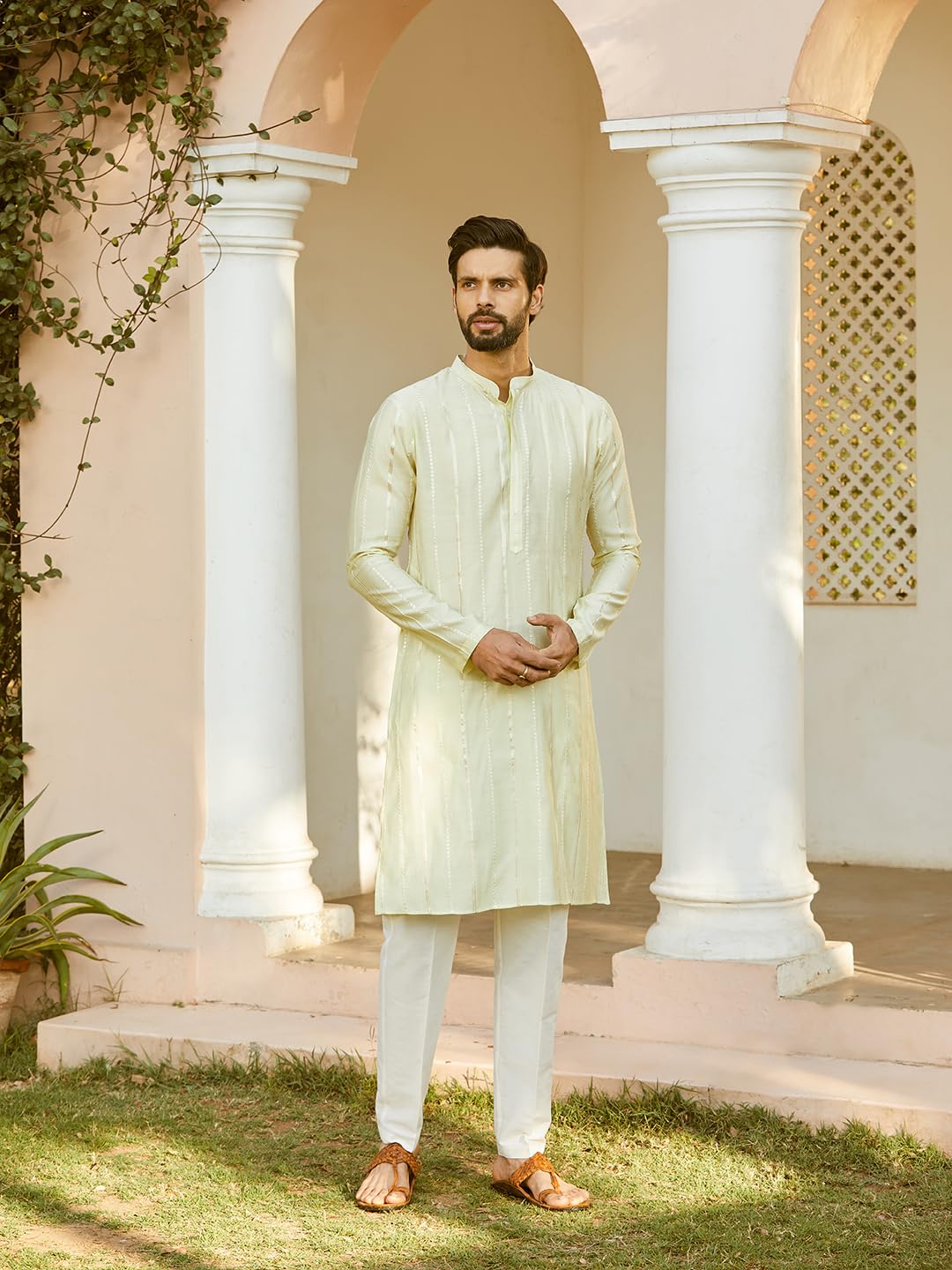 See Designs Men Full Sleeve Off White And Gold Chanderi Silk Sequins Mandarin Collar Side Slit Kurta With Pyjama - SDKT243601L - Image 8 thumbnail