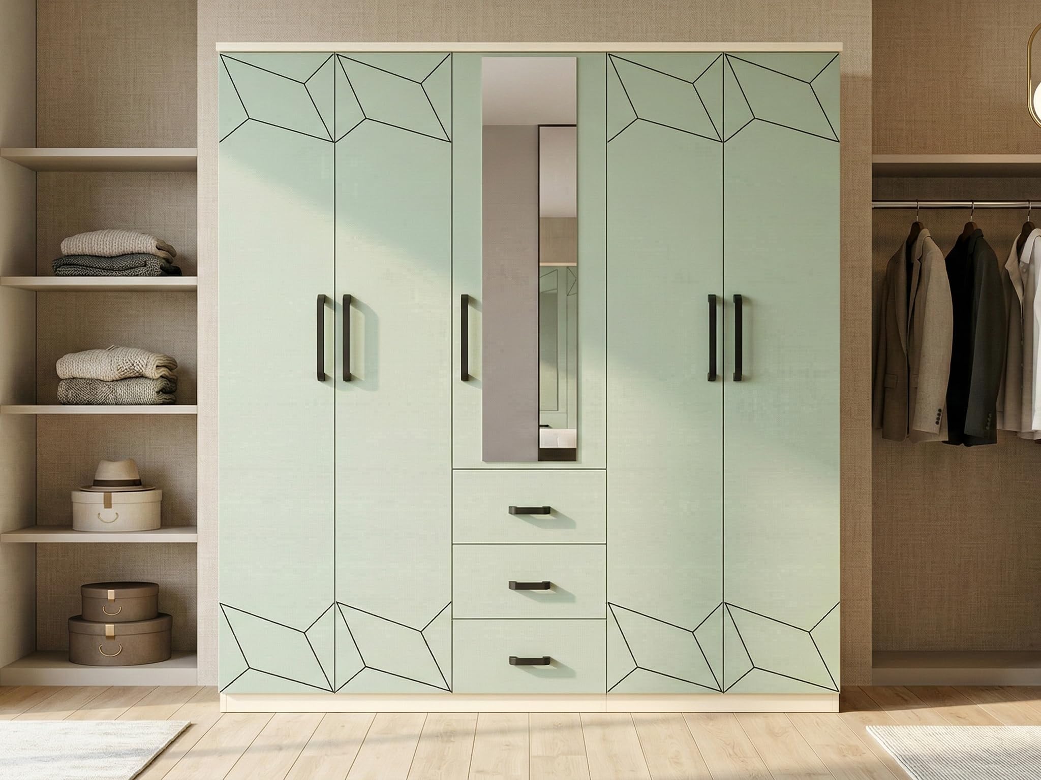 Purple I10 5 Door Wardrobe 6x6.5 Ft with Mirror & 3 Drawers | Pista Green Matte Finish | Modern Bedroom Almirah-image-27