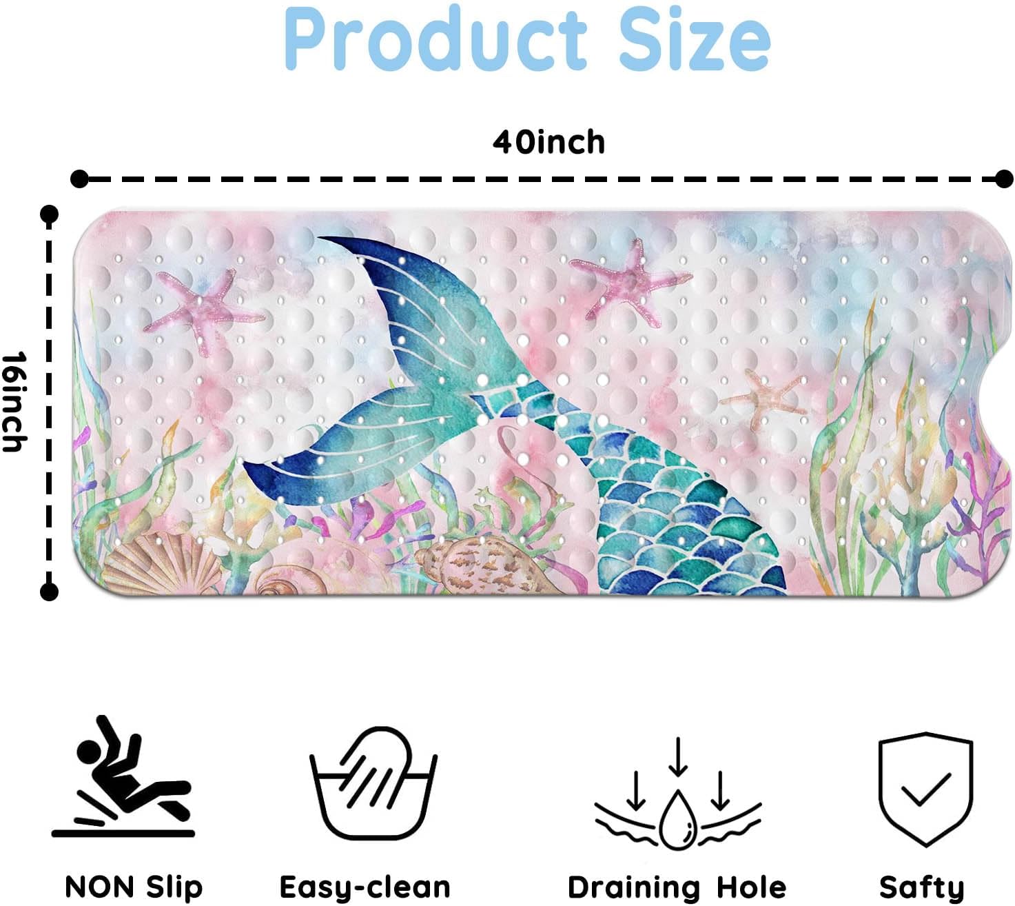 Bathtub Mats for Kids, Pink Mermaid Bath Mat for Tub Non Slip, 40 X 16 Inch Large Washable Bathtub Mat Non Slip for Showers with Drain Holes and Suction Cups