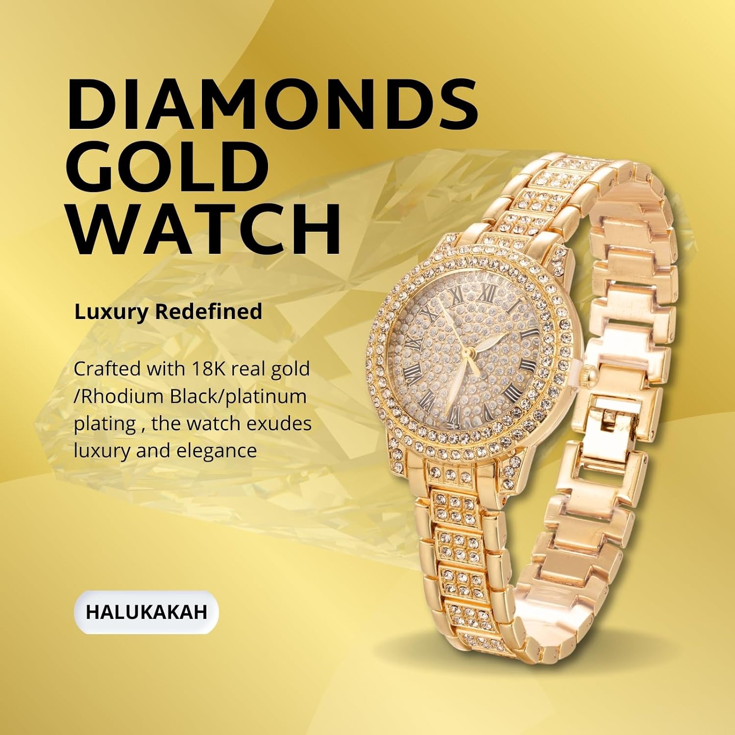 Halukakah Diamonds Watch Iced Out for Boy Teens Kids - 18K Real Gold/Platinum Plated, 32mm Round Dial, Japanese Quartz - 7.5" Length - Optional with Cuban Link Chain - for Birthday, Parties
