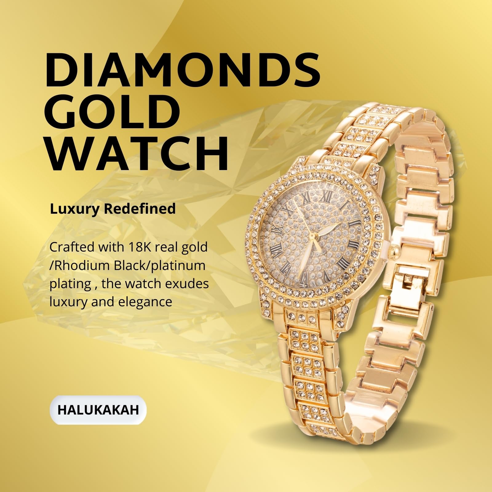 HALUKAKAH Orologio con Diamanti in Oro per Bambini - Placcato in Oro 18 Carati/Platino,Quadrante Tondo 32mm,Quarzo Giapponese - Lunghezza 19.5cm - Opzionale con Catena Cubana,con Strumento Regolatore