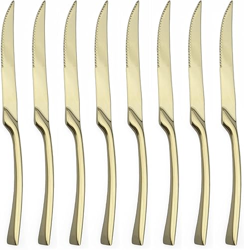 BRIIEC Morrir - Juego de cubiertos de champán dorados de acero inoxidable pulido Steak Knife