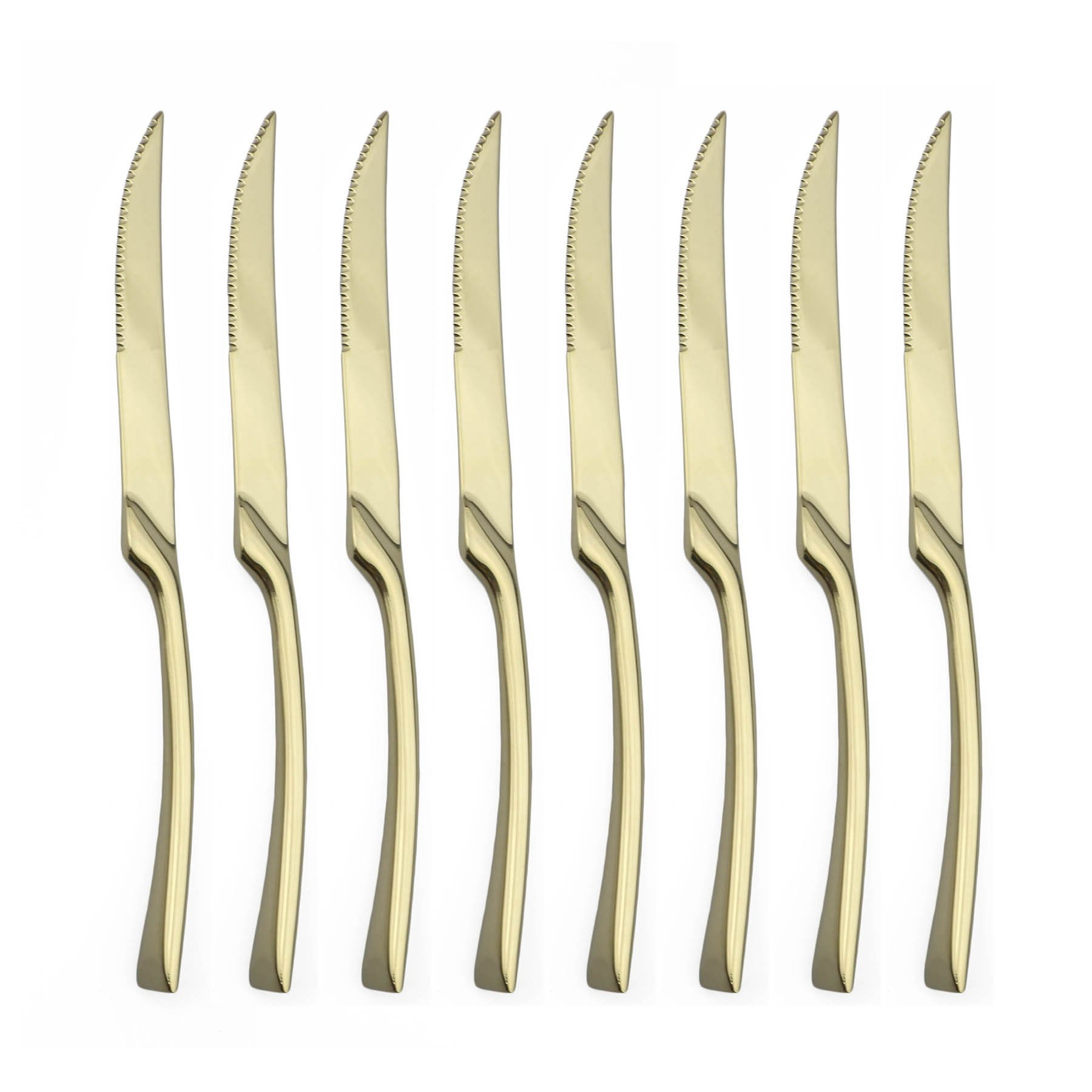 BRIIEC Mirror Polishing Champagne Gold 8 Pieces 18/10 Stainless Steel Serrated Steak Knife Silverware Set