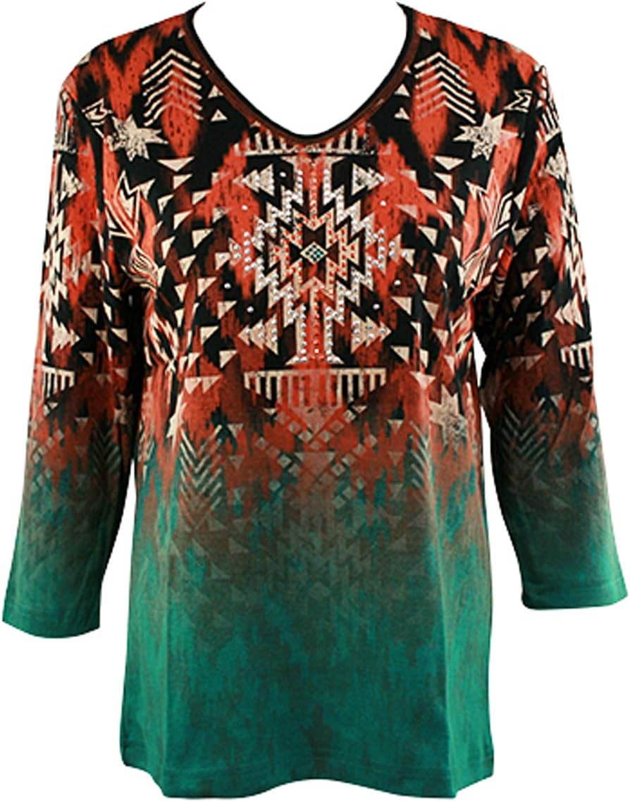 Ranch Sunset, 3/4 Sleeve, V-Neck, Rhinestone Cotton Top