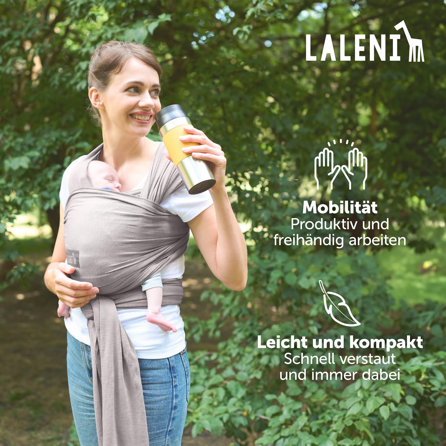 Laleni Tragetuch Baby neugeboren bis 15 kg aus weicher Baumwolle - Babytrage Neugeborene ab Geburt - OEKO-TEX zertifiziertes Tragetuch Kleinkind - Wickeltuch Baby 5,10 m Länge - Baby Wrap in Hellgrau.