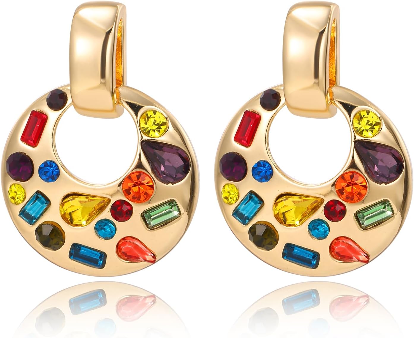 Statement Gold Drop Earrings,Chunky Dangle Door Knocker Earrings with Multicolor Cr...