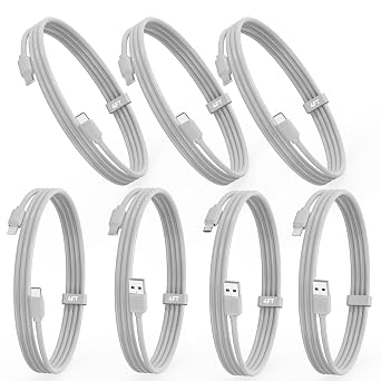 7-Pack Assorted 4FT Individual USB and USB-C Cables, Compatible/w iPhone17,16,15, iPhone14-5/ iPad/MacBook/Samsung Moblie/Tablet/Pixel/Nexus/HTC/Hub/Charging Station etc. White
