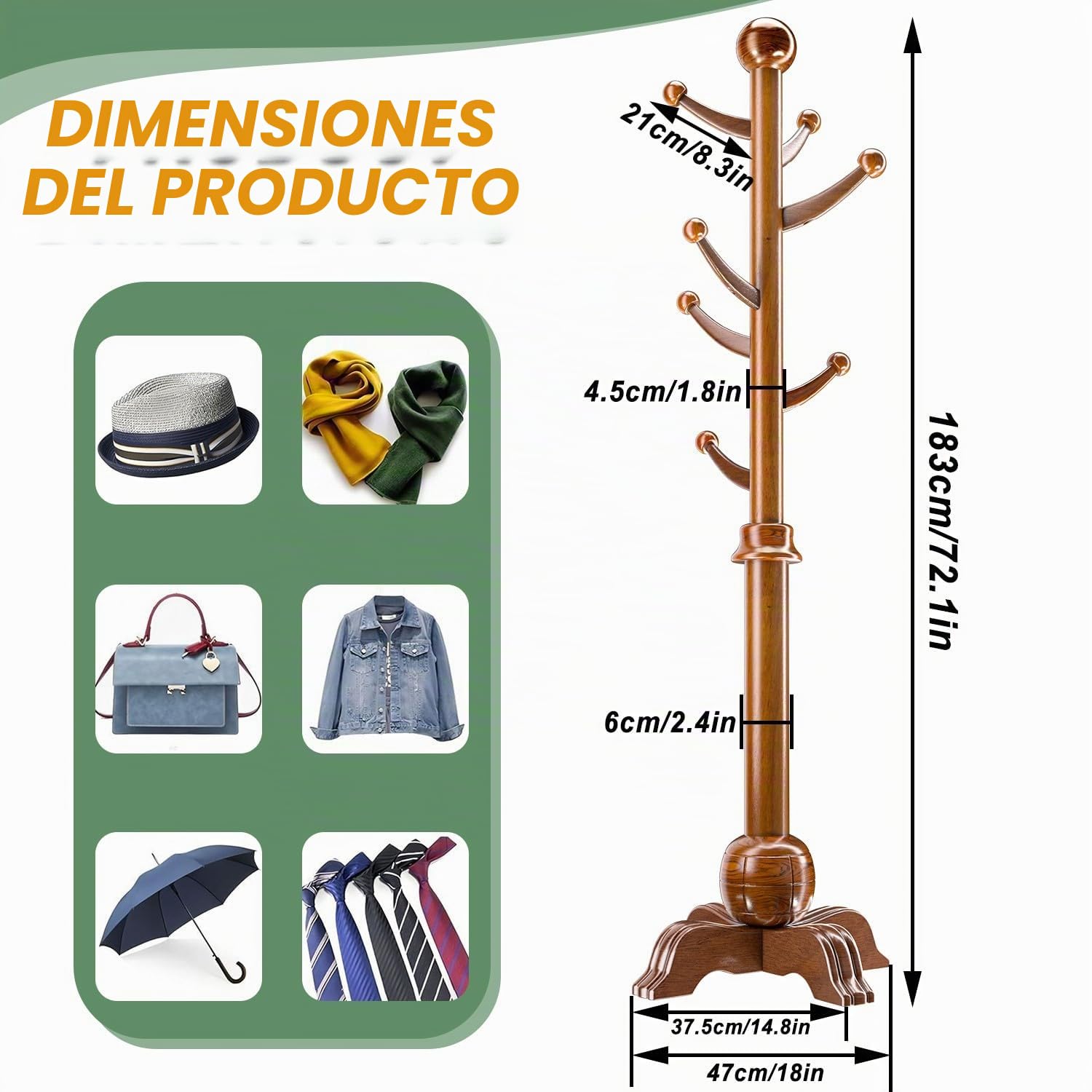 Perchero de Pie de Madera, Perchero de Pie en Forma de árbol, Árbol de Pasillo Regulable en Altura, Base Resistente, Perchero para Pasillo, Entrada, Hogar