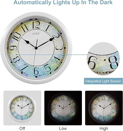 Miniatura 3 de OCEST Reloj de pared con luz nocturna de 13 pulgadas, LED de brillo silencioso y ajustable, gran pantalla fácil de leer, funciona con pilas para