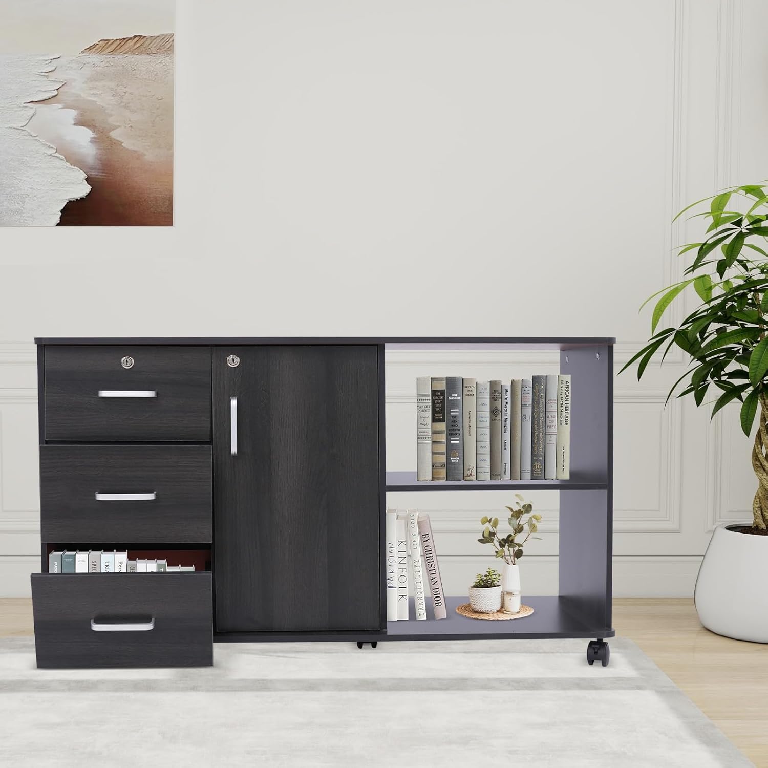 Mobile File Cabinet with Lock, Black Wood Filing Cabinet for Home Office - 3 Drawer Locking Storage Cabinet with Shelves & Printer Stand, 39.4" x 13.4" x 23.2" (Black Walnut/Oak)
