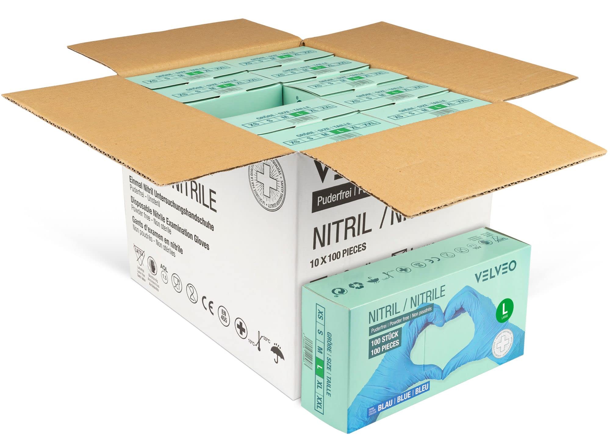 1.000 Stück Nitril Untersuchungshandschuhe blau, Größe wählbar: XS, S, M, L, XL, XXL Einweghandschuhe Einmalhandschuhe 10 Boxen á 100 Stück Größe L