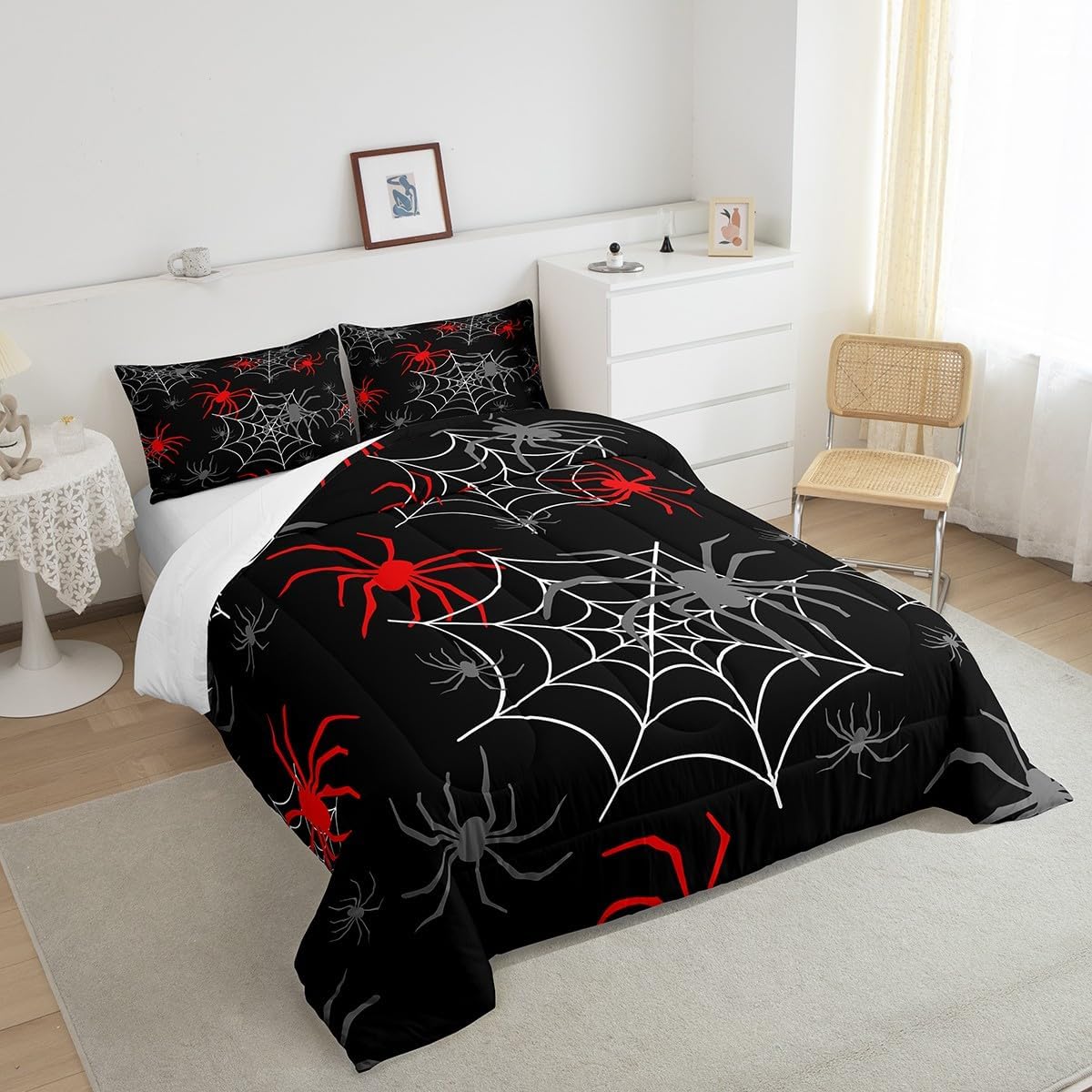 Feelyou Red Black White Cobweb Comforter Set Twin Size, Scary Halloween Decorations Comforter Set Scary Spider Comforter Kids Toddler Red Black Gray Animal Duvet Set with 1 Pillow Case