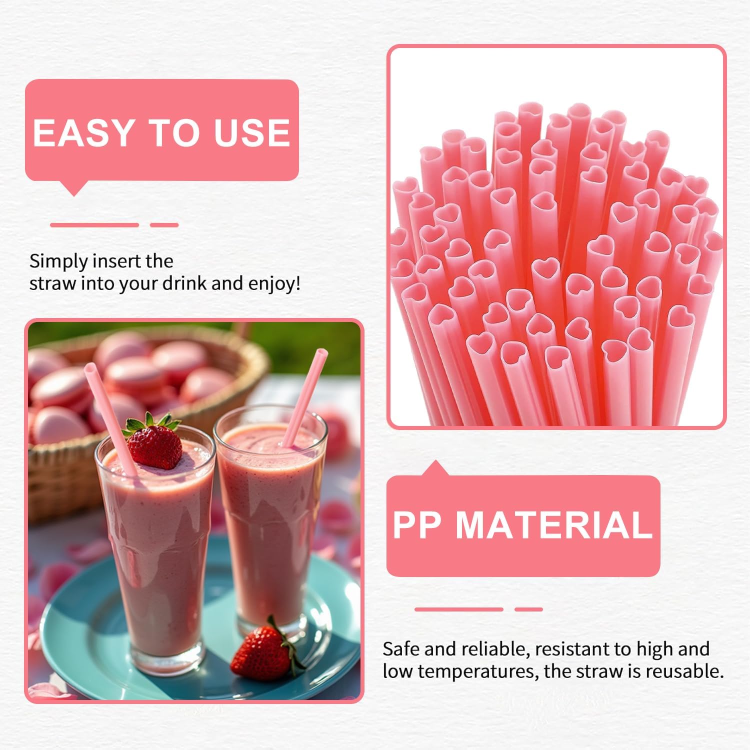 Pink Heart Shaped Straws, Individually Wrapped Cute Pink Plastic Straw Disposable Drinking Straws for Valentine's Day, Wedding, Party, Birthday Party Decorations image 4